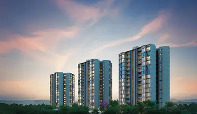 SKYi Park towers at dusk with hills on the horizon
