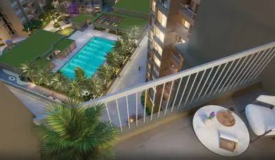 Balcony seating overlooking the podium pool and gardens
