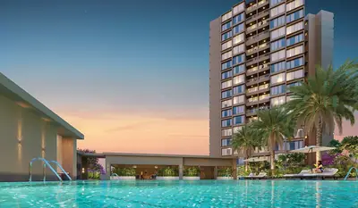 Podium swimming pool and poolside pavilion with a tower behind
